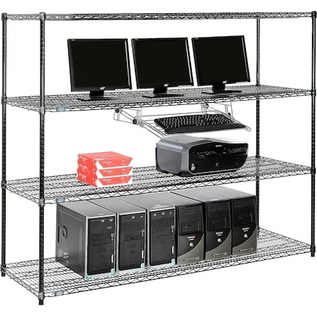 Nexel 4-Shelf Wire Computer LAN Workstation with Keyboard Tray, 72inW x 24inD x 63inH, Black 695423BK